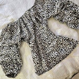 Vintage Leopard Print Off-Shoulder Puff Sleeve Blouse Small